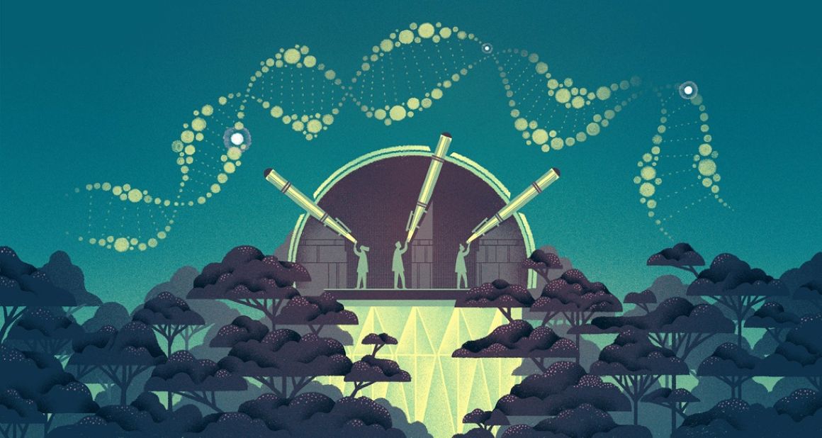 Three figures in an observatory dome with telescopes
